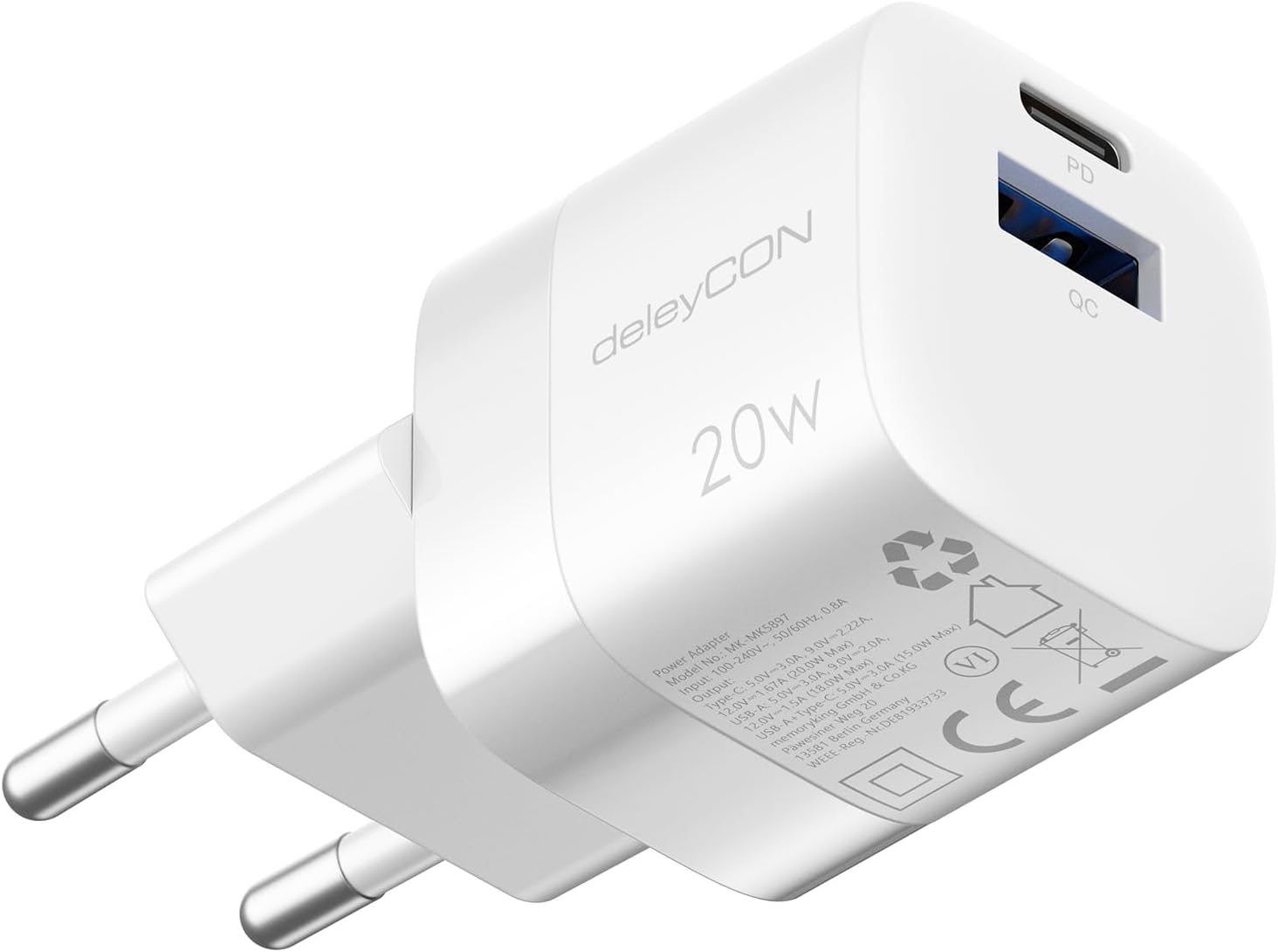 Ładowarka USB-A i C deleyCON, 20W, PD 3.0