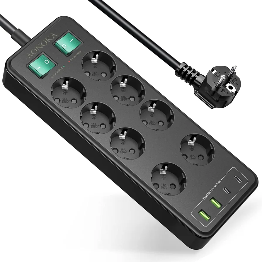 Listwa Zasilająca z 2 Niezależnymi Przełącznikiem, 8 Gniazd