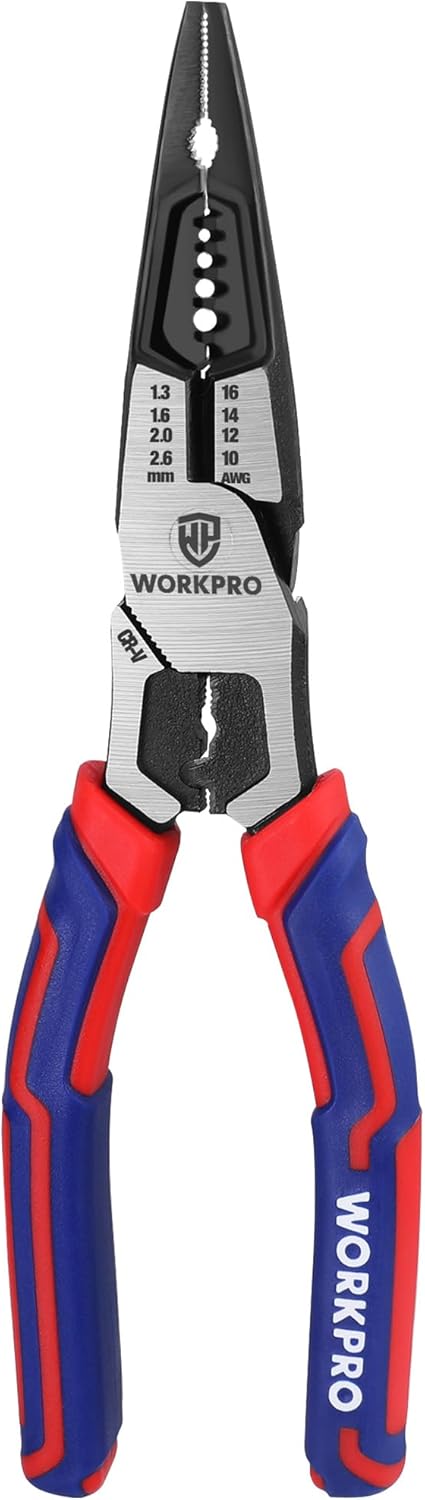 WORKPRO Szczypce wąskie, 7 w 1, ściągacz izolacji, obcinacz, zaciskarka, klucz, długie, 200 mm, do przewodów