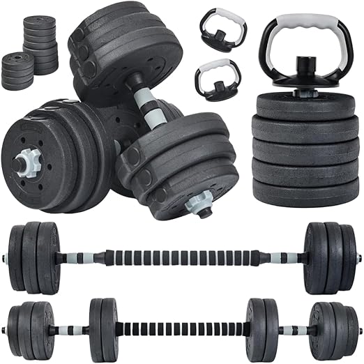 Majestic Sport Hantle Regulowane Bitumiczne 20 kg – Zestaw Hantli i Sztangi 5w1