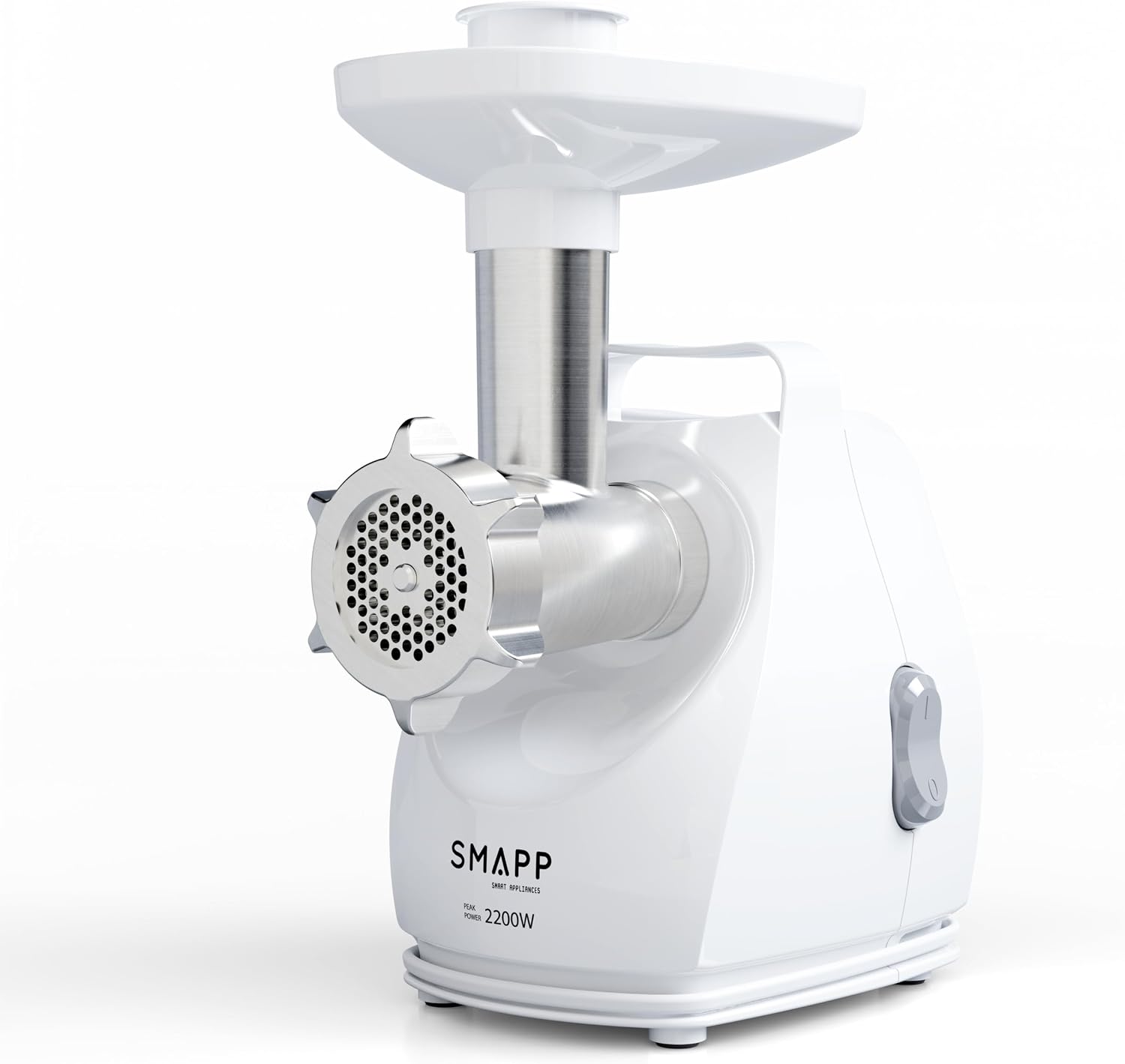 SMAPP Elektryczna maszynka do mięsa 490.8 – moc 2200 W 3 tarcze perforowane ze stali nierdzewnej (2,7 mm 4 mm 8 mm) nasadka do kiełbasy