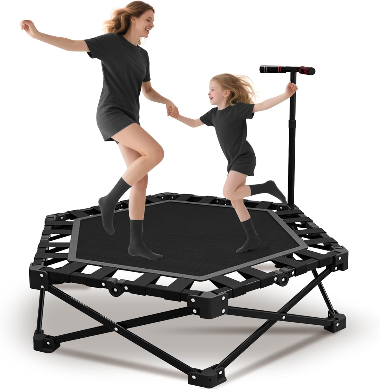 Trampolina fitness do użytku domowego, składana z regulowanym uchwytem – stabilny i cichy rebounder dla dzieci i dorosłych