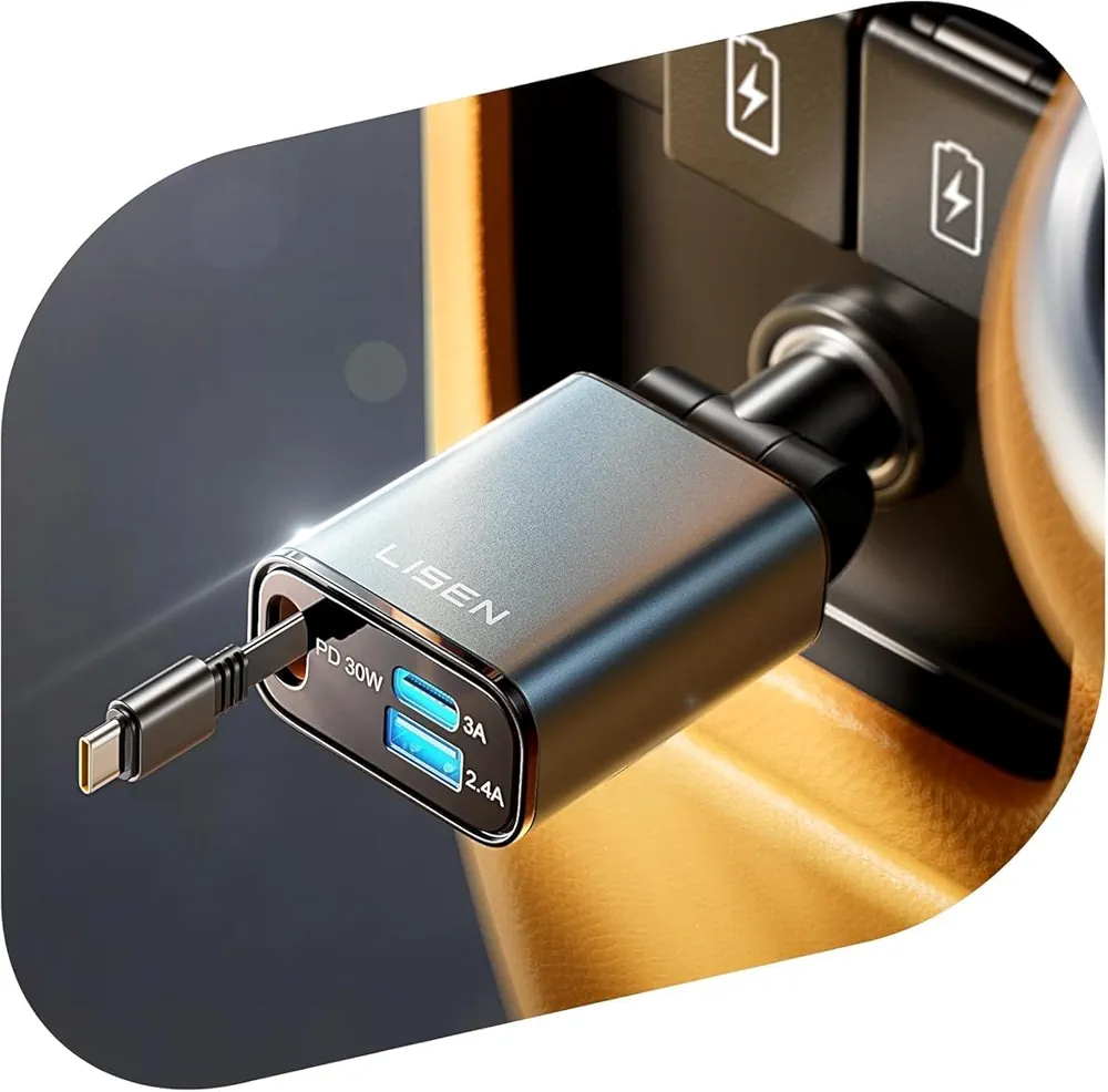 LISEN ładowarka samochodowa USB-C 57 W 3 w 1, adapter 12 V do auta z kablem ładowania