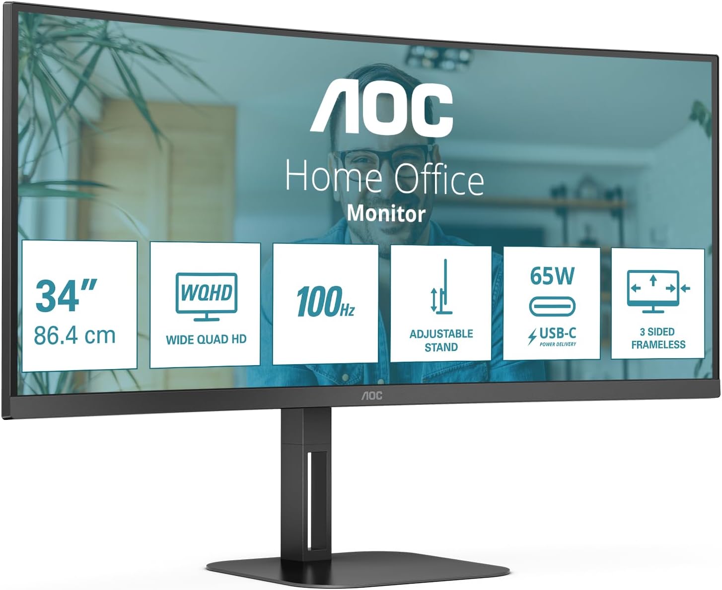 Monitor AOC V5 CU34V5C/BK LED 86,4 cm (34"), 3440 x 1440 pikseli, Wide Quad HD Noir