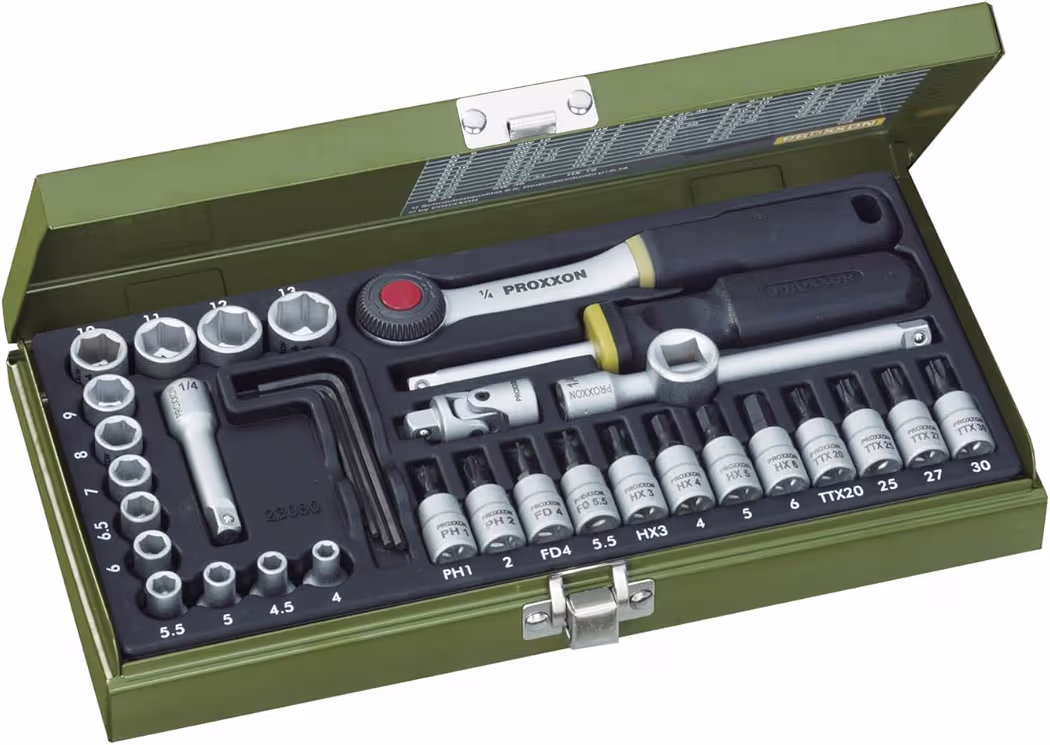 PROXXON Zestaw kluczy nasadowych mechaniki precyzyjnej 1/4 PR23080 36 elementy