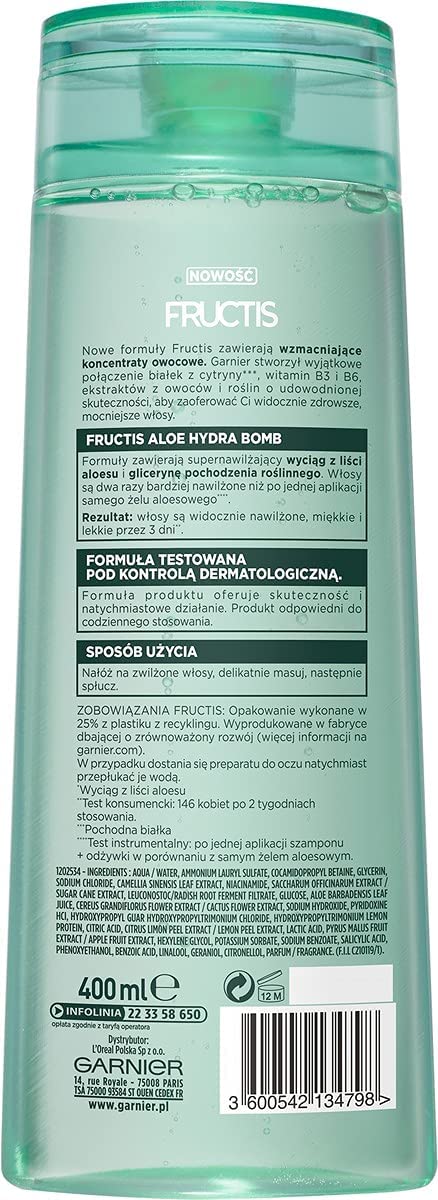Garnier Fructis Aloe Hydra Bomb - szampon do włosów odwodnionych, nawilża, poprawia kondycję i wzmacnia strukturę, 400ml