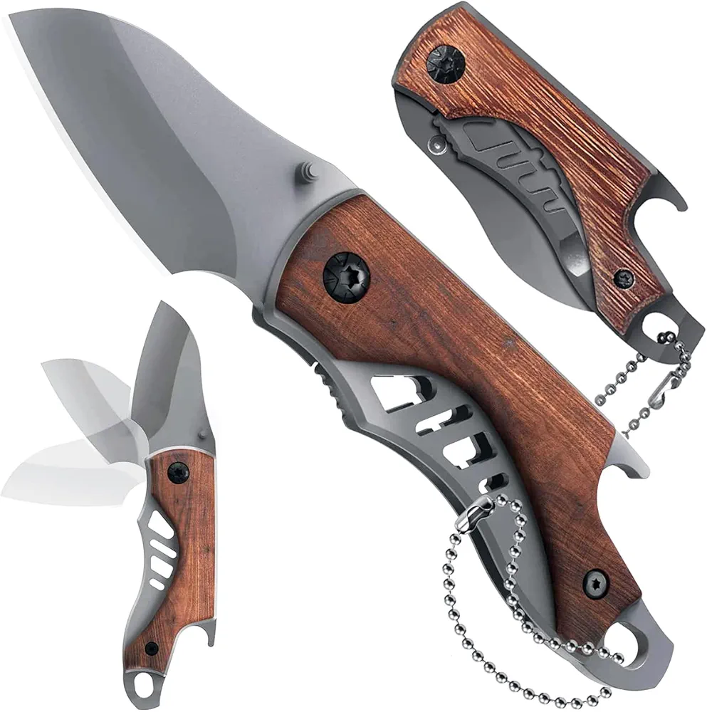 Scyzoryk, składany nóż z łańcuszkiem, mini multitool z drewnianą rączką