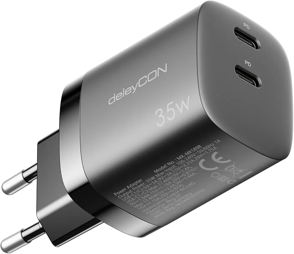 deleyCON Ładowarka USB-C (2 Porty - Ładowarka do Szybkiego Ładowania 35 W)
