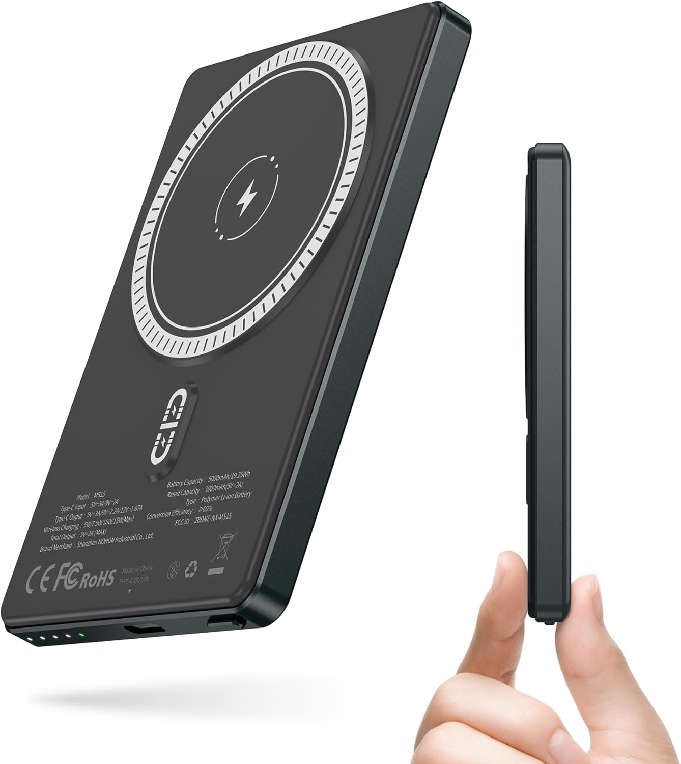 NOHON Mag-Safe Powerbank Magnetyczny Bezprzewodowy: 5000 mAh 8MM Ultra Cienki Mini z Kablem USB Typu C
