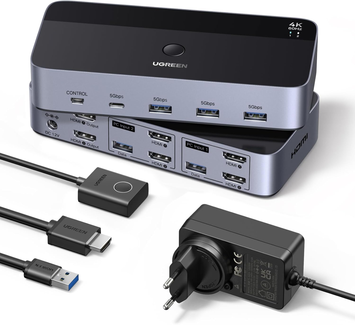 UGREEN HDMI KVM Switch 4K@60Hz 2 In 2 Out 4 porty USB z 4 kablami HDMI