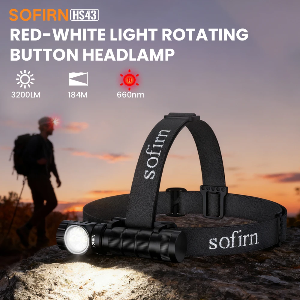 Latarka czołowa Sofirn HS43 - moc 3200lm, akumulator 5000mAh, białe i czerwone światło, czołówka, USB-C, magnetyczna