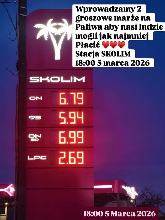 2 grosze marży na paliwie na stacji Skolim 95 za 5,94 zł, LPG za 2,69 zł