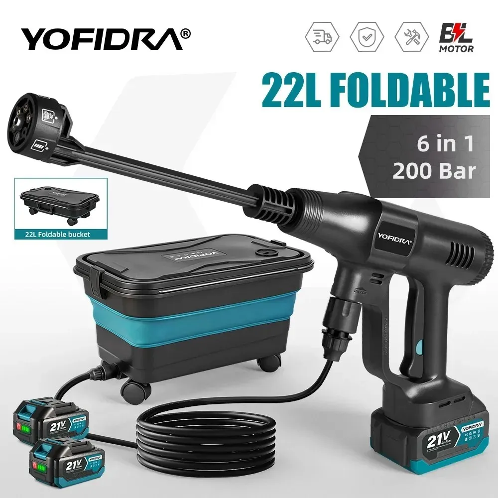 YOFIDRA 200Bar Bezszczotkowy Wysokociśnieniowy Pistolet do Mycia Samochodów z Wiadrem Elektryczny Pistolet do Mycia Ogrodu na Baterię Makita 21V