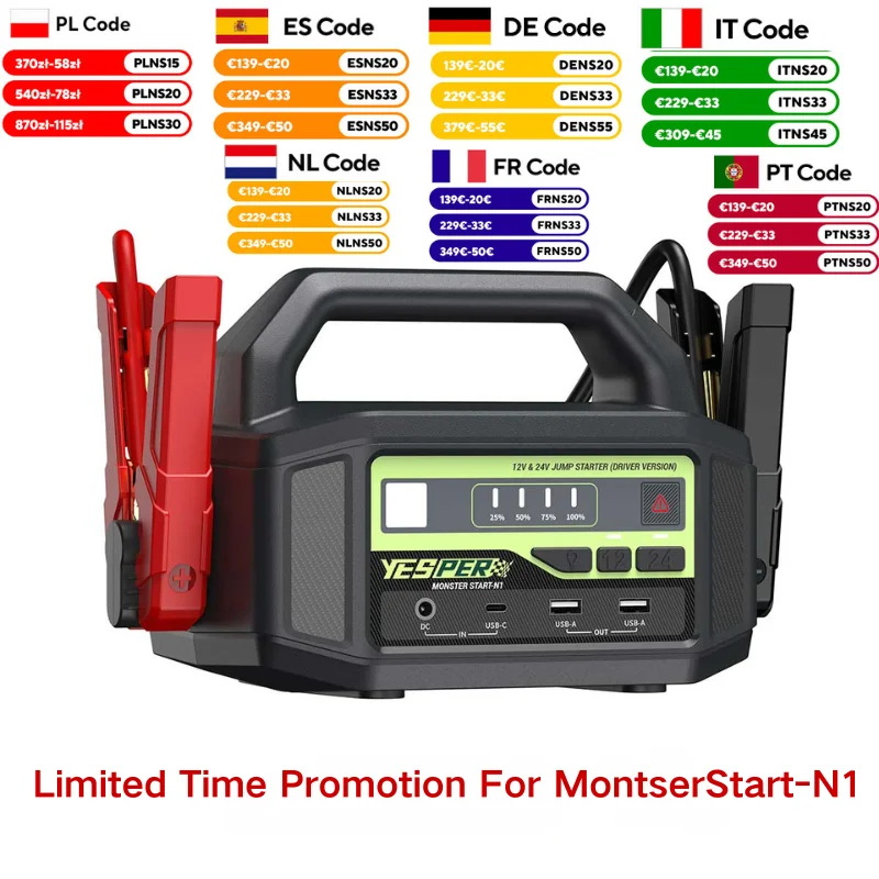 YESPER 12V/24V 6000A Jump Starter: Stacja zasilania 36400mAh + 3-trybowa lampa LED