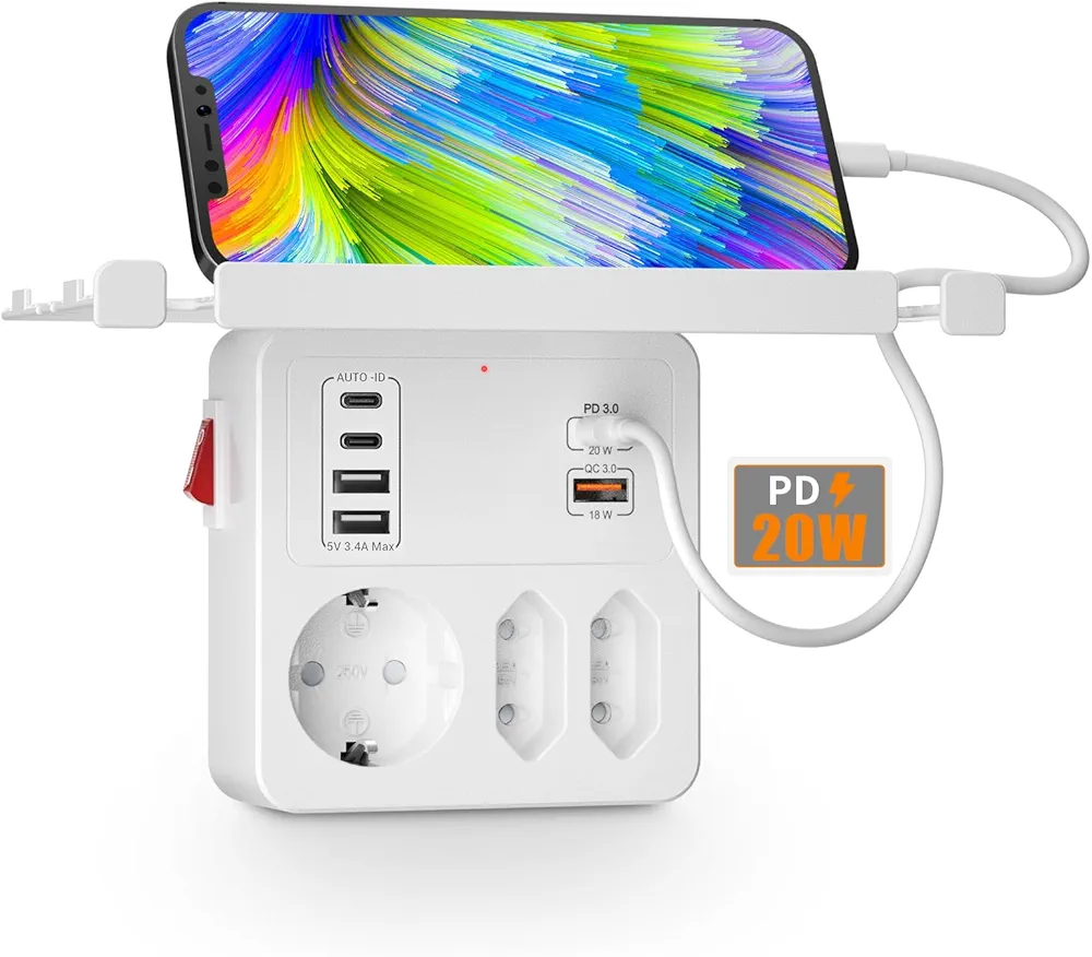 PD20W USB Gniazdo z Przełącznikiem, Listwa Zasilająca Scienna Z Szybkim ładowaniem QC18W i PD3.0
