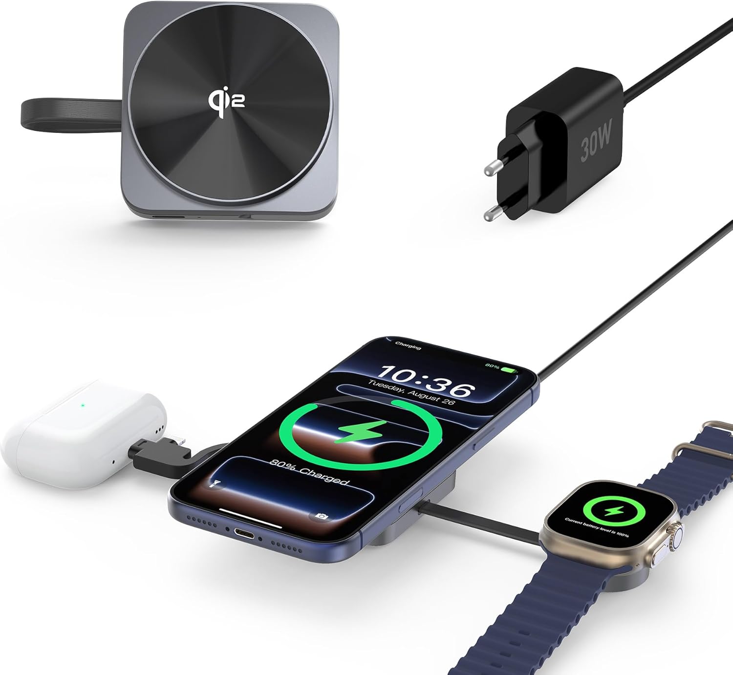 Ładowarka bezprzewodowa MagSafe Qi2 15 W 3 w 1 do iPhone'a i iWatcha