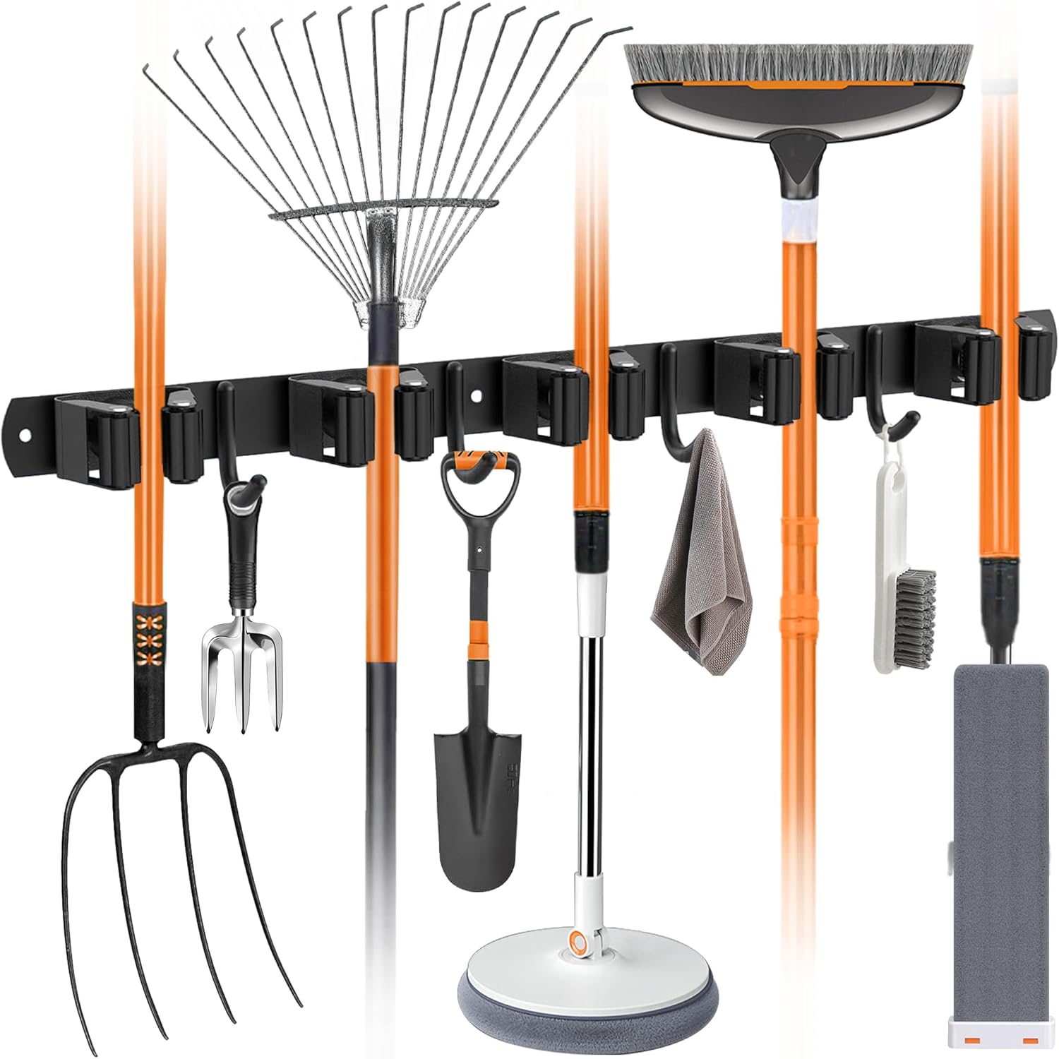 Uchwyt ścienny OMerima na miotłę, 5 uchwytów + 4 haki, stal nierdzewna