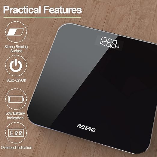 Waga cyfrowa RENPHO, wysoka dokładność, wąska, wyświetlacz LED, bezstopniowa, z 3 bateriami AAA, 180 kg, czarna