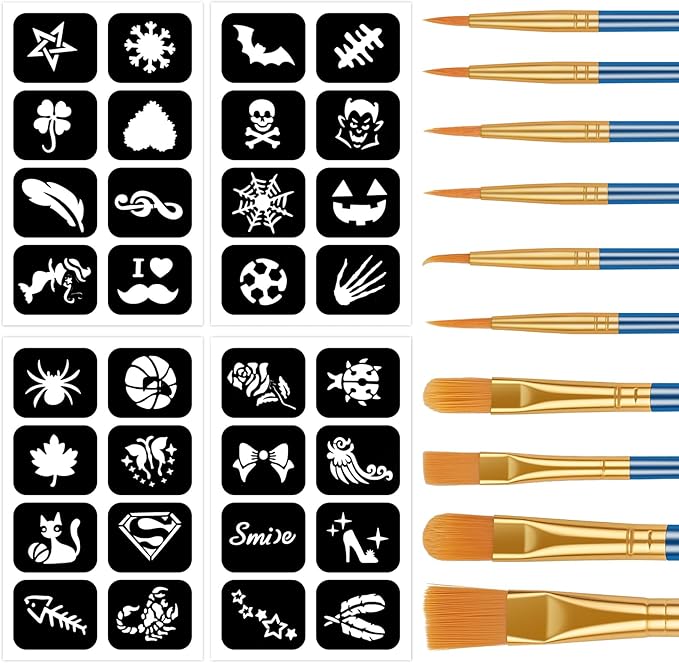 Pędzle do malowania, 10 szt. + szablony do malowania twarzy/ciała
