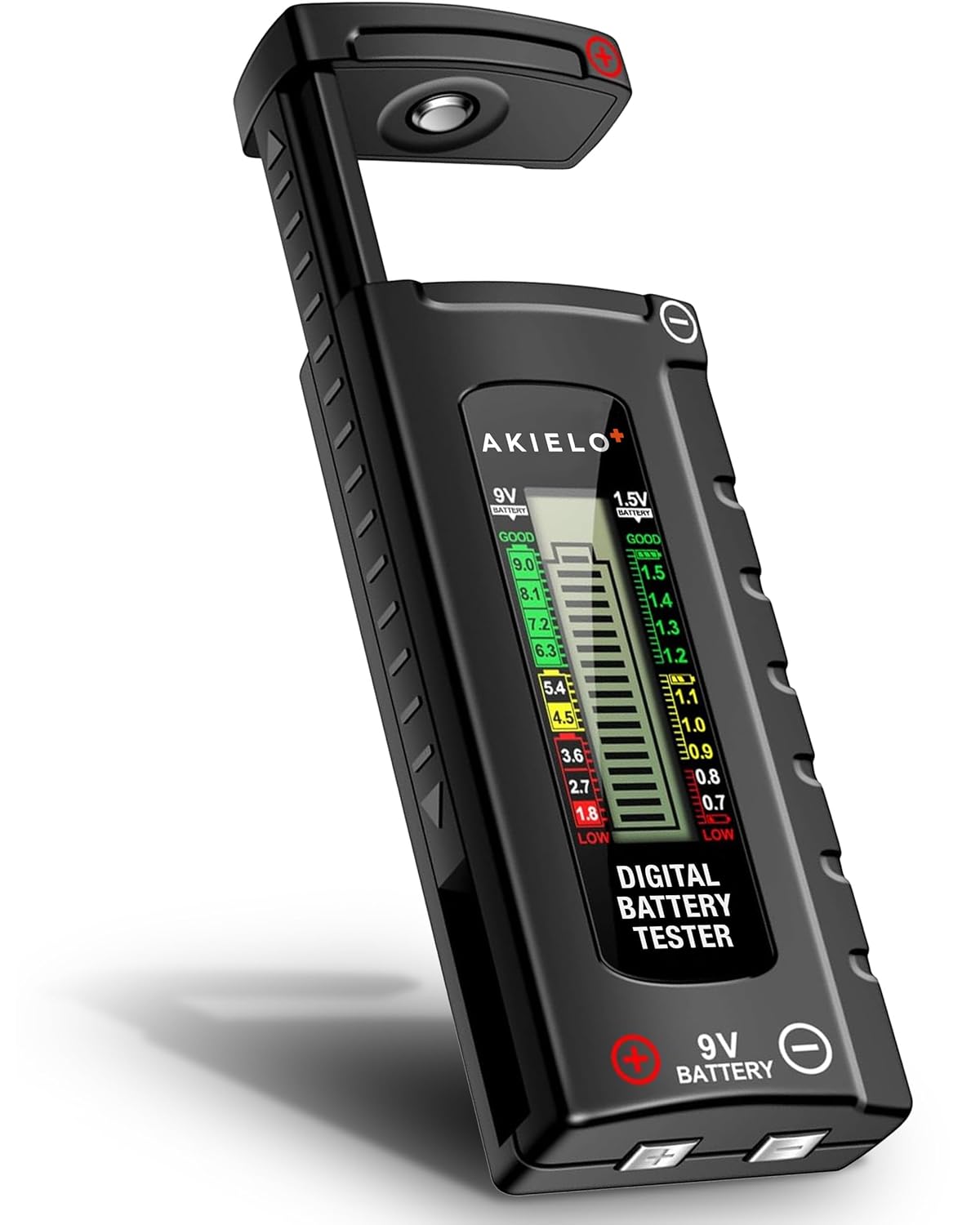 Cyfrowy tester baterii AKIELO z wyświetlaczem LCD – uniwersalny do AAA, AA, C, D, 9 V i 1,5 V