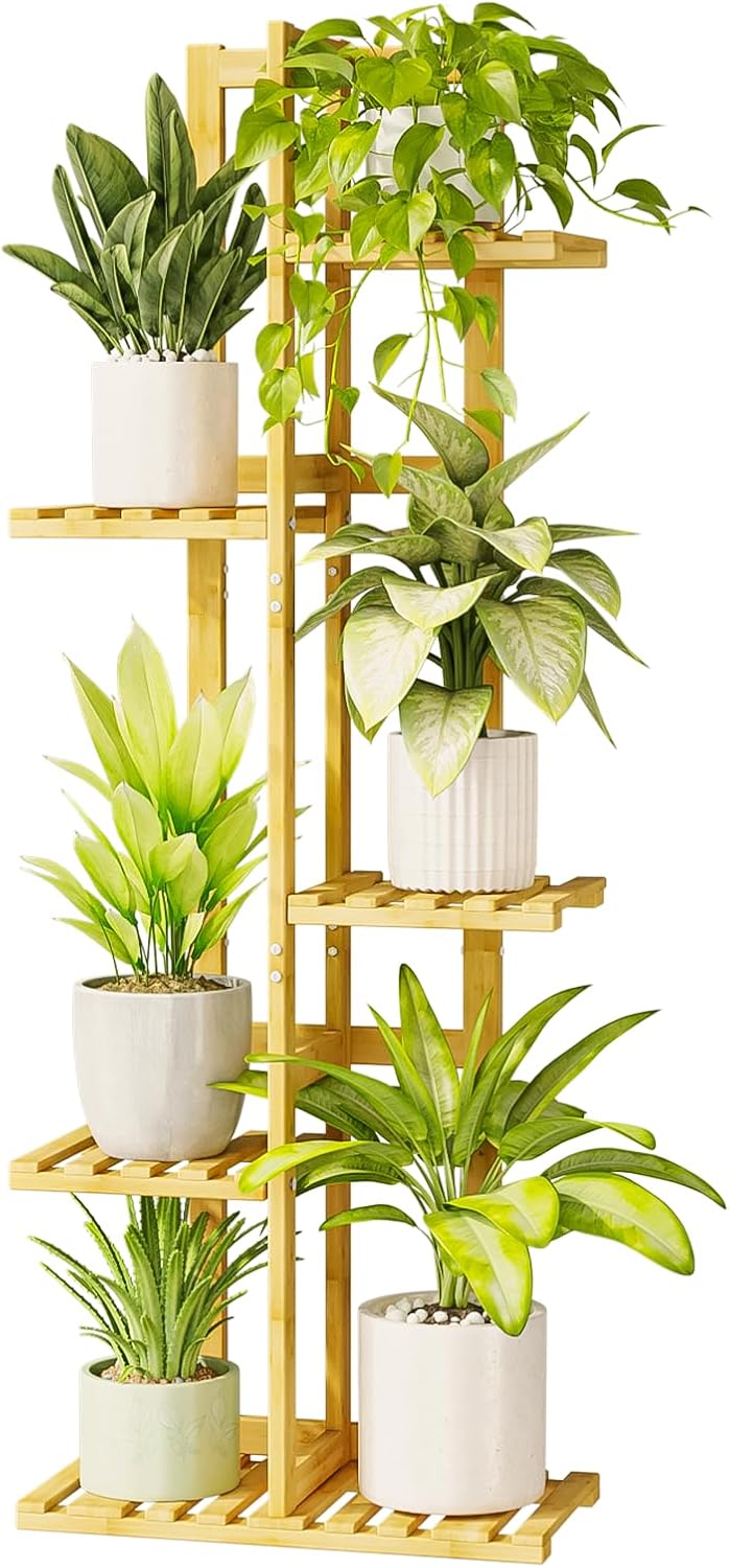 Bamworld Stojak na rośliny do wewnątrz, 5-poziomowa bambusowa narożna półka