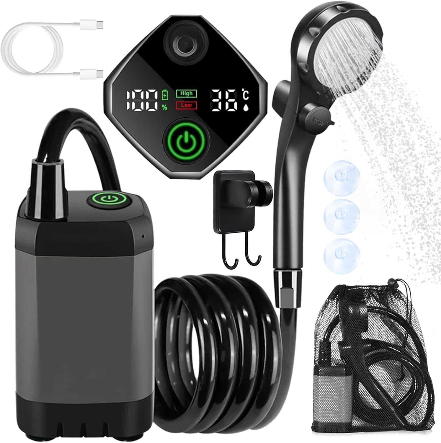 YADOBIG Przenośny prysznic kampingowy z pompą, Inteligentnym Wyświetlaczem Cyfrowym, 6000mAh, Zestaw z Dyszą Prysznicową