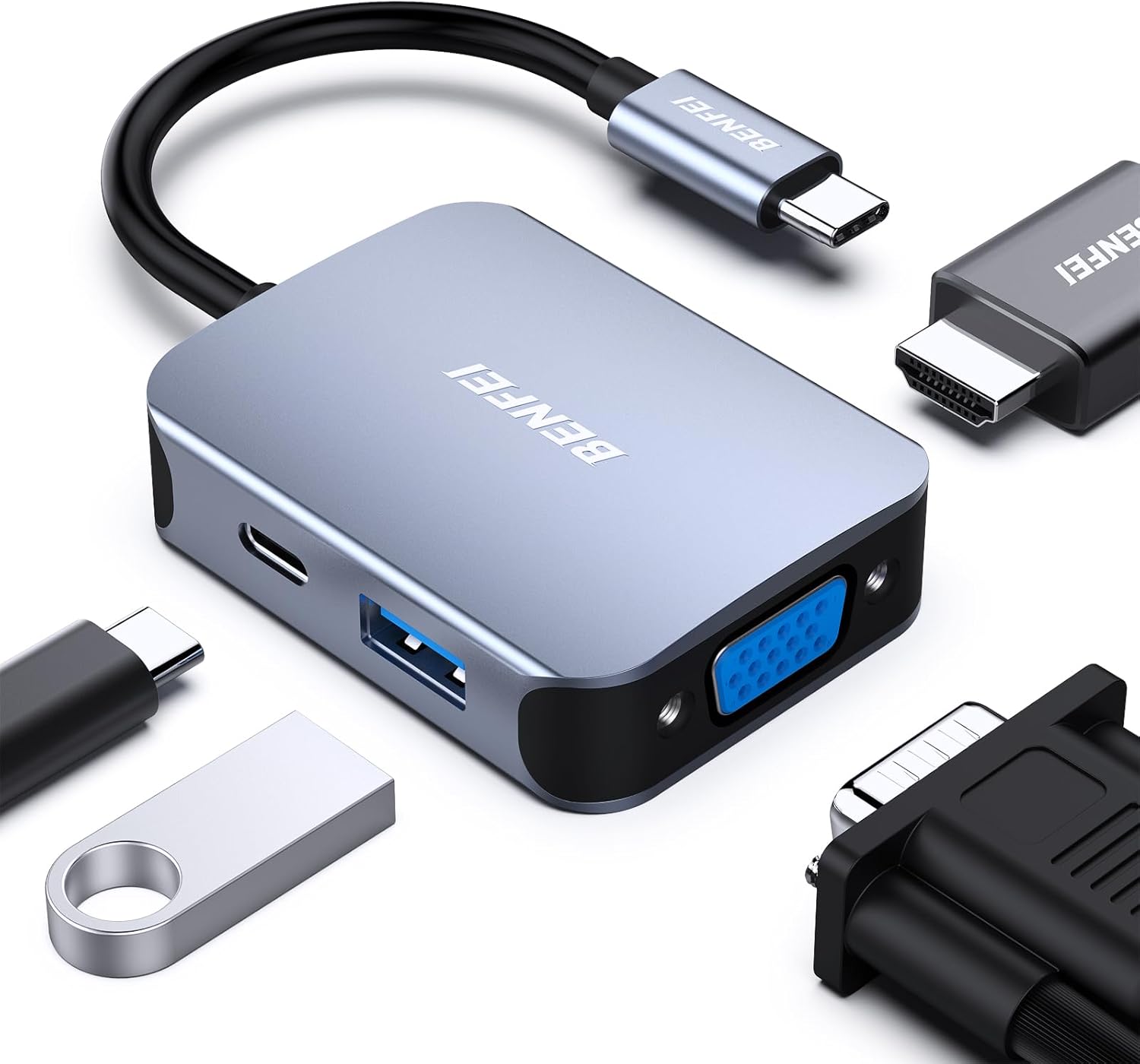 Hub BENFEI USB C 4w1, Adapter USB Type-C na HDMI VGA, Adapter USB C na USB, Zasilanie USB Type-C,