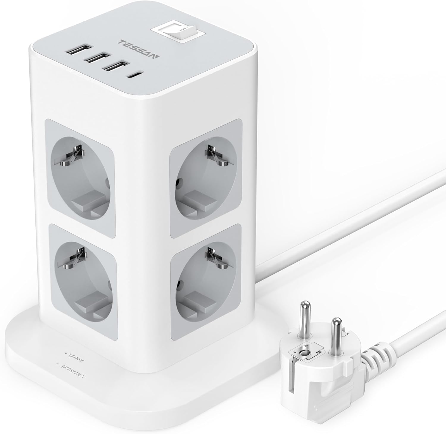 TESSAN Listwy zasilające, ochrona przed przeciążeniem, 8 gniazd, z 3 USB A i USB C