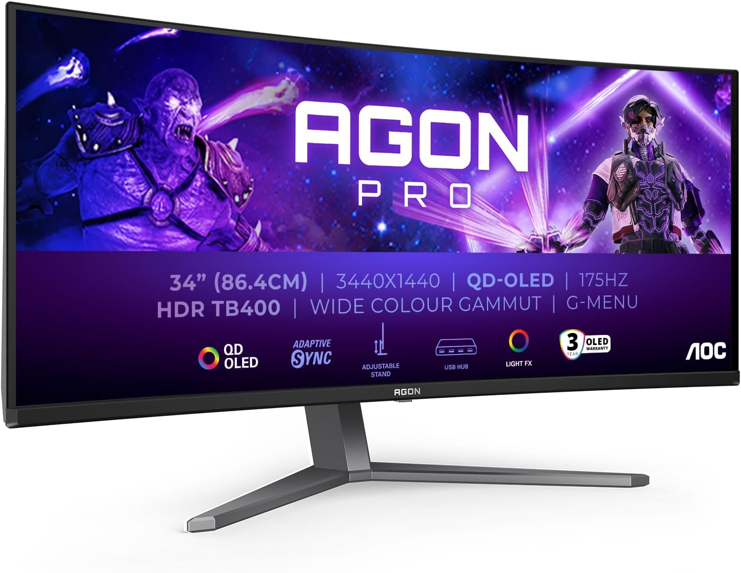 AOC Agon Pro AG346UCDAM - 34-calowy zakrzywiony monitor do gier WQHD OLED, 175 Hz, 0,03 ms, FreeSync