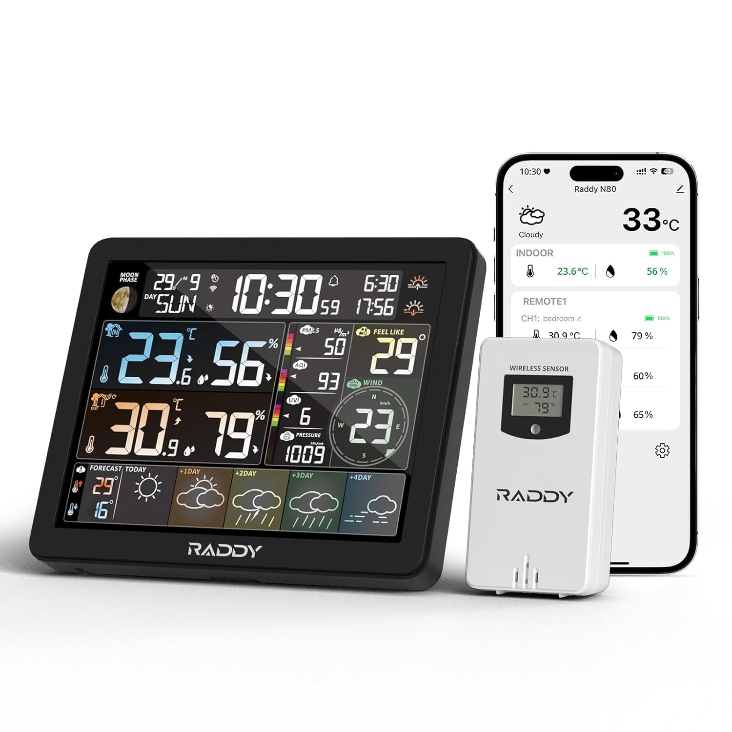 Radiowa stacja pogodowa Raddy WF-N80 z czujnikiem zewnętrznym, 2,4 GHz Wi-Fi/aplikacja