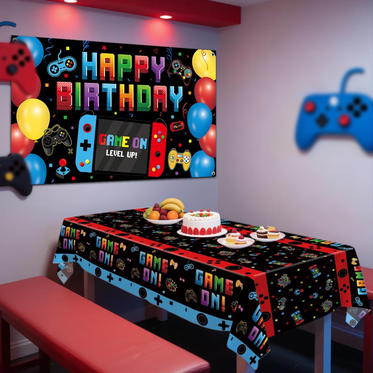 Tło do gry wideo 110 x 220 cm – dekoracja na przyjęcia urodzinowe dla graczy – tło "Game on" – motto gamingowe "Level Up"