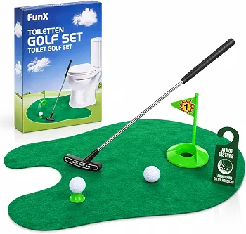 Zestaw do gry w golf na toaletę - Zabawne mini golfowe prezenty dla mężczyzn do łazienki z matą do putta - 7-częściowy zestaw artykułów