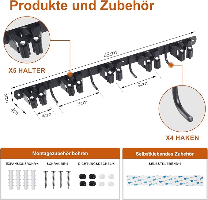 Uchwyt ścienny na narzędzia ogrodnicze, 5 uchwytów + 4 haki