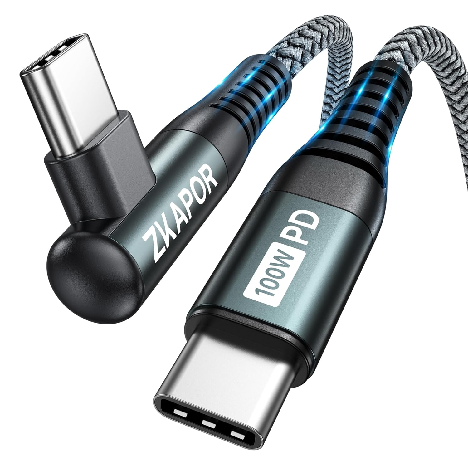 ZKAPOR Kabel do szybkiego ładowania USB-C na USB-C, złącze pod kątem 90°, 100 W, nylonowy, 2 metry