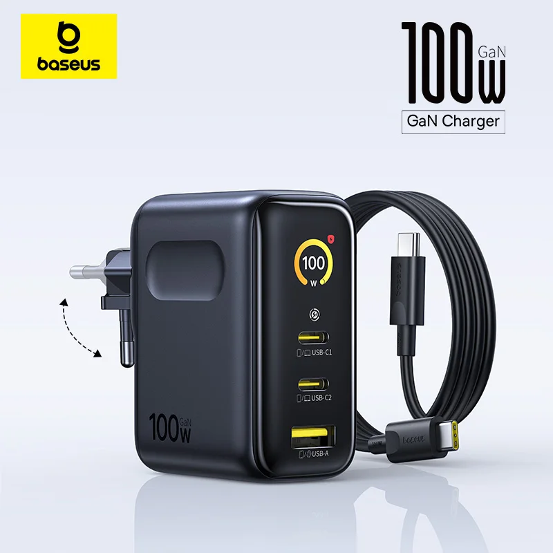 Ładowarka sieciowa Baseus GaN 100W 2C+U + kabel ładujący 100W, 1.5 M