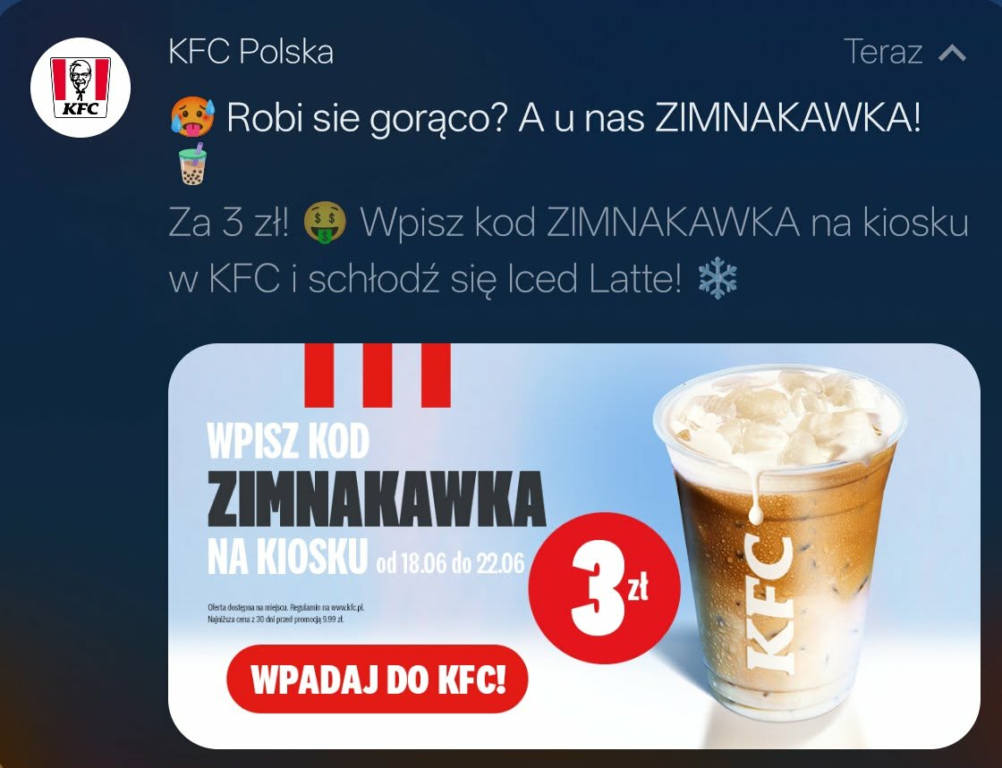 Kupon KFC na kawę za 3 zł - Iced Latte