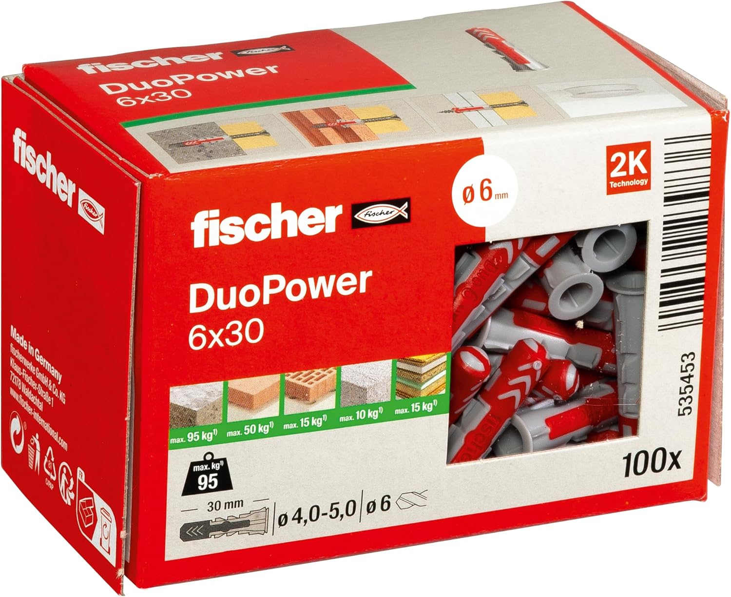 Fischer 535453 Duopower Uniwersalne Kołki do Mocowania Szafek Wiszących w Betonie, Murze, Materiałach Budowlanych i Wielu Innych, 6 x 30 mm