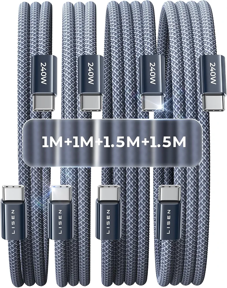 LISEN Kabel USB C 240 W, [4 sztuki / 1 + 1 + 1,5 m + 1,5 m] zestaw kabli USB C na USB C, PD 3.1 USB C