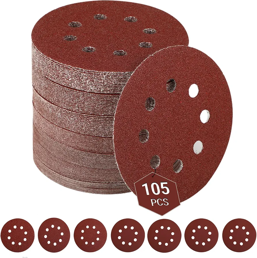 105 sztuk - Krążki ścierne, 125 mm, krążki szlifierskie na rzep ( 40/60/80/120/180/240/320 )