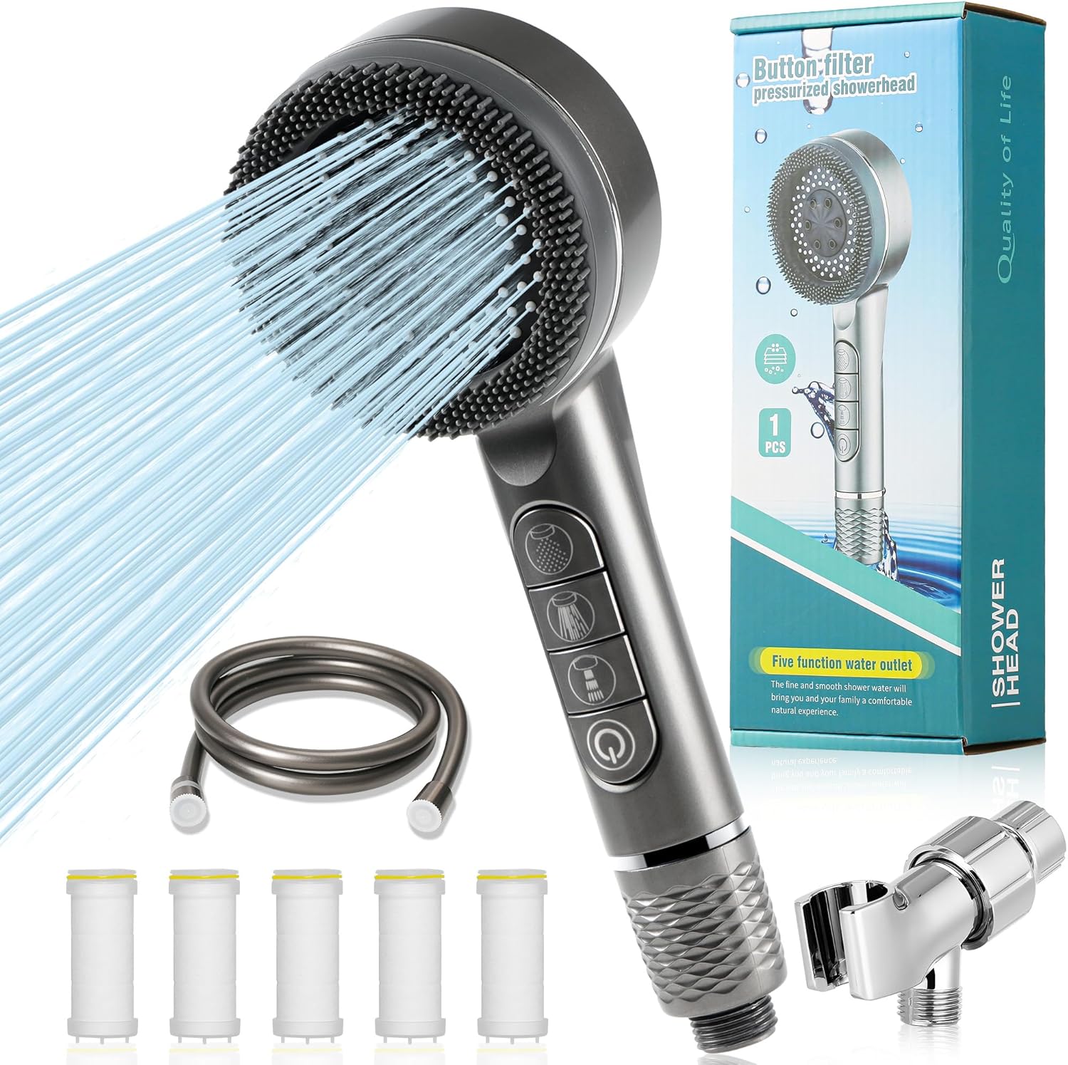 Słuchawka Prysznicowa z Filtrem, Filtr Ręczny z 4 Rodzajami Strumienia, Zwiększająca Ciśnienie, Słuchawka Prysznicowa z wężem 1,5 m i uchwytem bez wiercenia