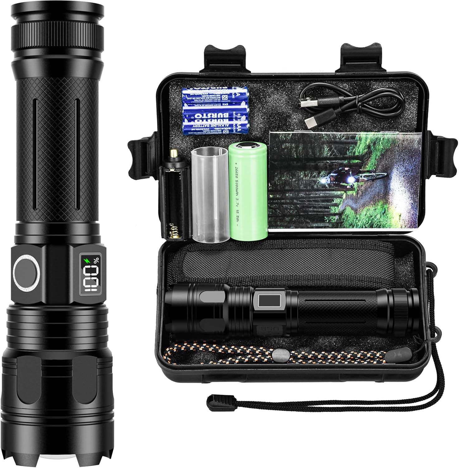 AK06 latarka LED z możliwością ładowania, wodoodporna latarka taktyczna IP67, 500000 lumenów