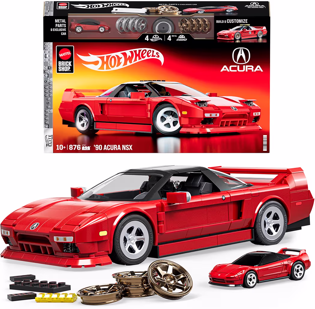Mattel Brick Shop Klocki Hot Wheels Elite Series ’90 Acura NSX Samochód do zbudowania, 876 elementów