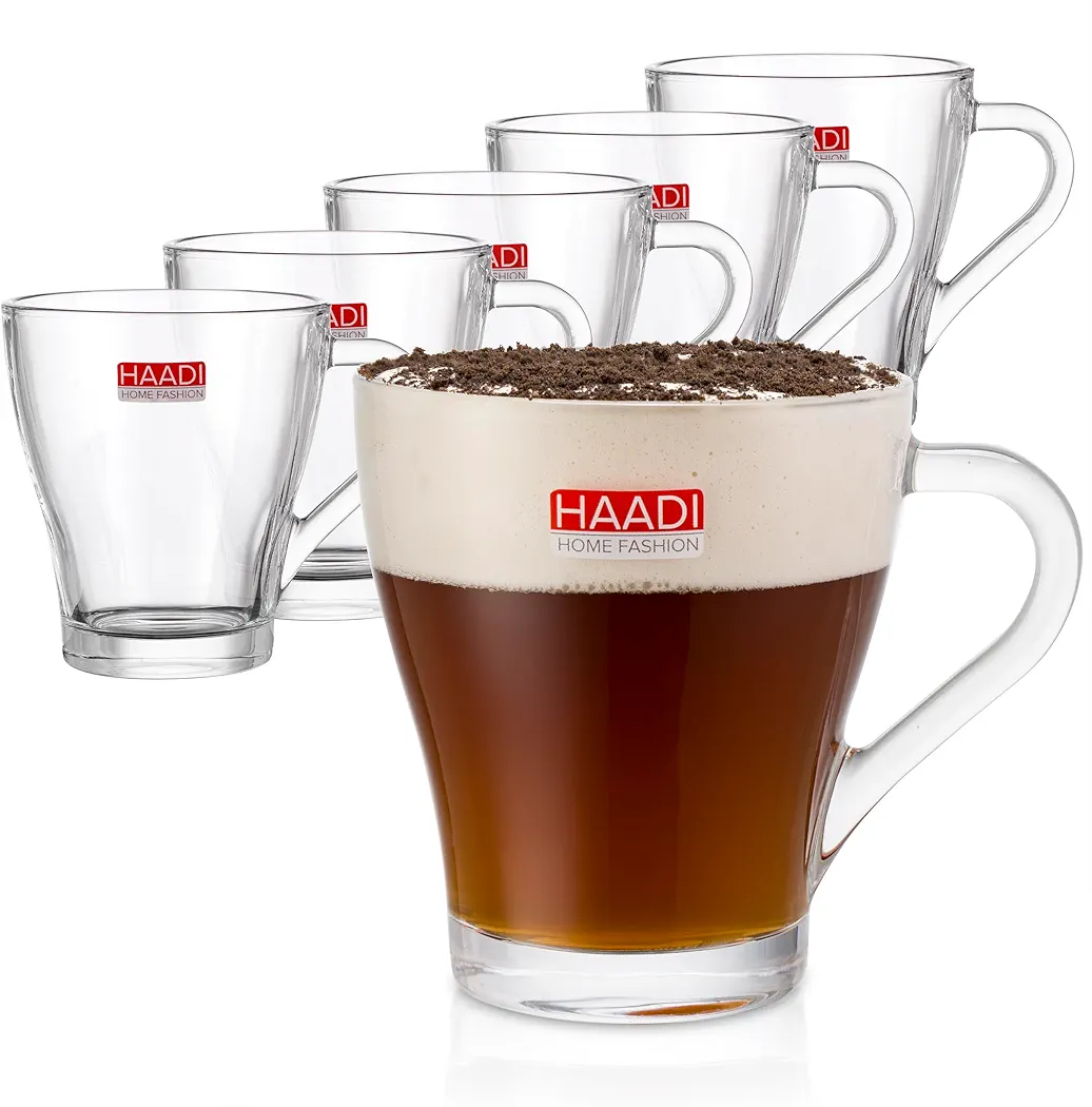 HAADI Szklane kubki do kawy do gorących i zimnych napojów z uchwytami, zestaw 6-260 ml