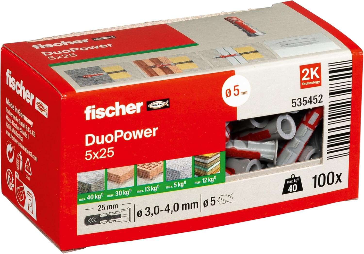 Fischer 535452 Duopower, Uniwersalne Kołki 2-Komponentowe 5x25 - 100sztuk
