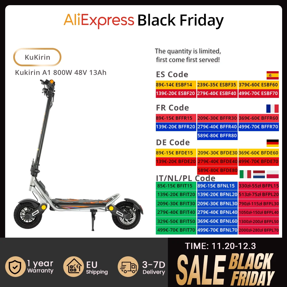 Hulajnoga elektryczna składana Kukirin A1, silnik 800W, bateria 48V 13Ah Aliexpress