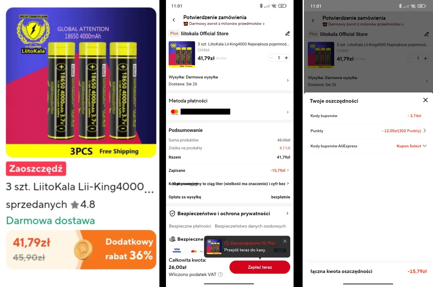 3 szt. akumulatorki LiitoKala 4000mAh 18650 (cena z monetami)