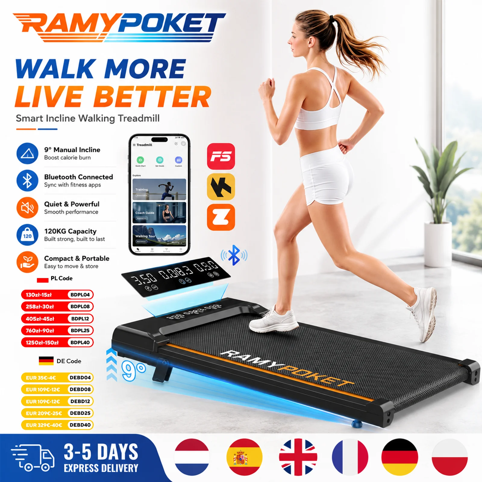 RAMYPOKET Bieżnia,walking pad z nachyleniem 9%, APP, potrójny wyświetlacz prędkości