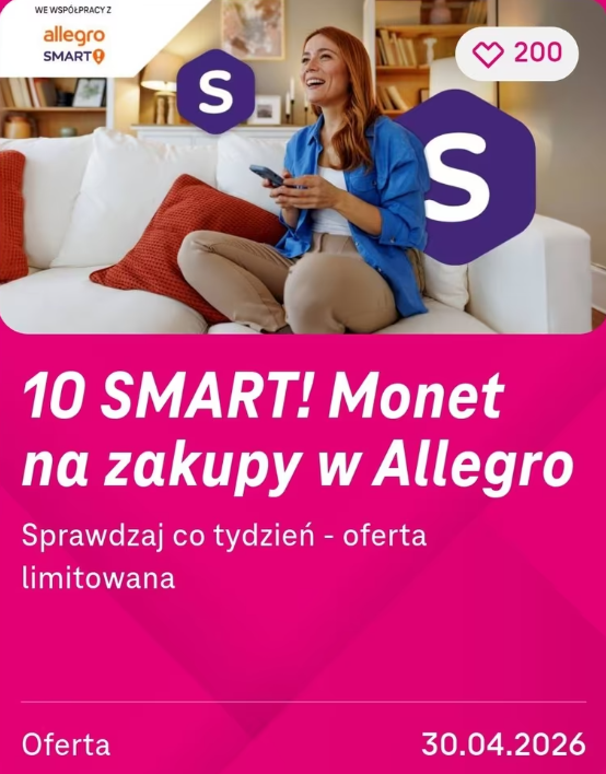 [T-Mobile] W aplikacji - 10 monet allegro od T-Mobile dla osób z aktywną usługą Smart