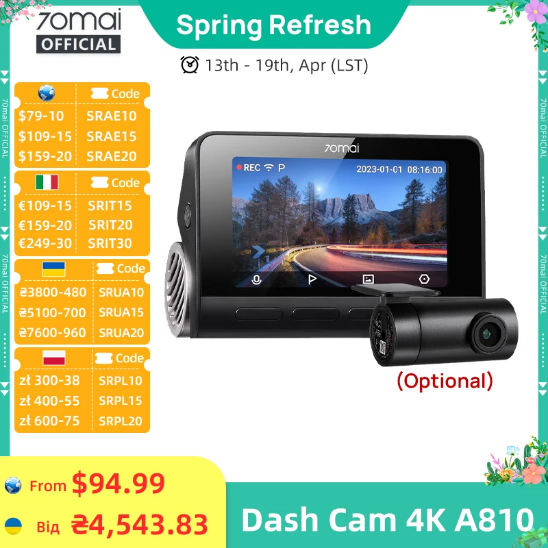 Kamera samochodowa 70mai 4K A810 Ultra HD, 24h, obsługa 4G LTE