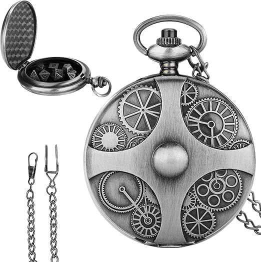 Mini 7-częściowy Zestaw Kości D&D ze Steampunkową Przekładnią i Obudową Zegarka Kieszonkowego